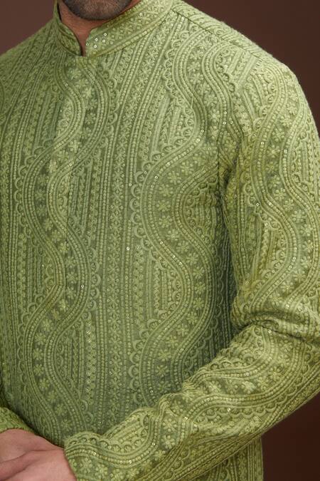 Buy_Kasbah_Green Silk, Cotton Sequins, Embroidery Kurta Set _Online_at_Aza_Fashions