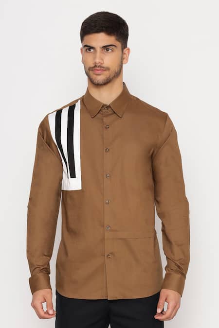 Buy_Lacquer Embassy_Brown Cotton Carey Color Block Panel Shirt _Online_at_Aza_Fashions