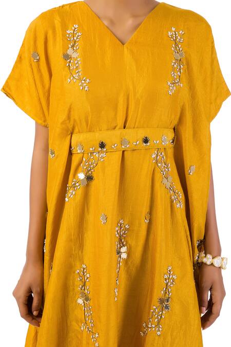 Buy Meghna Shah Yellow Denim Beads, Stones V-neck Hand Embroidered Kaftan Dress With Belt Online at Aza Fashions Buy_Meghna Shah_Yellow Denim Beads, Stones V-neck Hand Embroidered Kaftan Dress With Belt _Online_at_Aza_Fashions