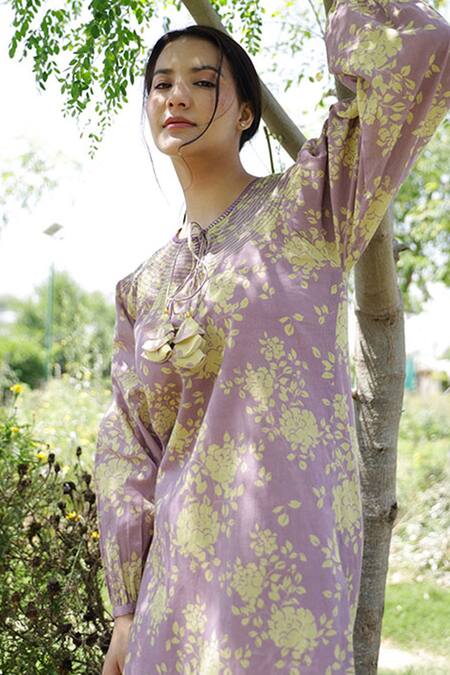 Buy_Raiman_Purple Cotton Printed Floral Round Kurta And Pant Set _Online_at_Aza_Fashions