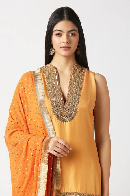 Buy_Labbada_Yellow Kurta Pure Silk Hand Embroidered Marodi V Neck Short Patiala Set_Online_at_Aza_Fashions
