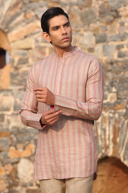 Buy_Raw & Rustic By Niti Bothra_Beige Linen Striped Kurta _Online_at_Aza_Fashions