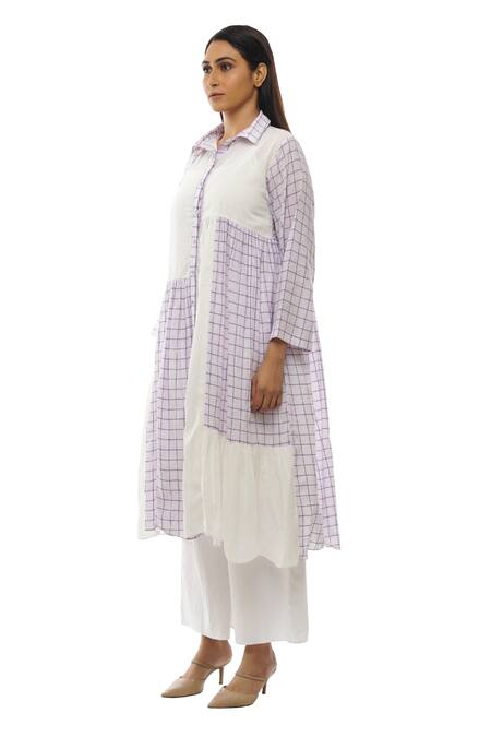 Khat_White Handloom Cotton, Poplin Collared Checkered Pattern Dress And Pant Set _Online_at_Aza_Fashions