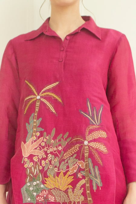 Buy_Oja_Pink Pant  , Tunic  Linen Hand Embroidered And Set _Online_at_Aza_Fashions
