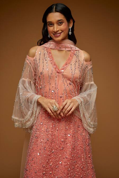 Buy_Neeta Lulla_Peach Tulle Sequins, Beads, Crystals V-neck Kirsi Embroidered Kurta Sharara Set_Online_at_Aza_Fashions