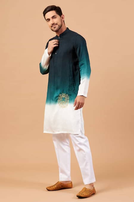 Hilo Design_Green Cotton, Silk, Lycra Embroidery Leonine Kurta And Pant Set _Online_at_Aza_Fashions