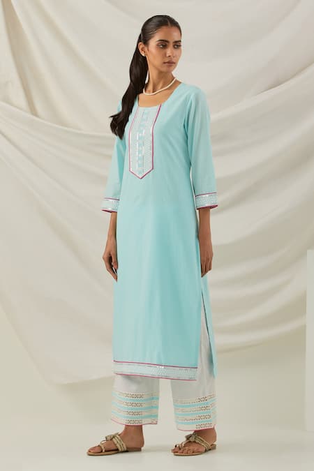 Buy_The Indian Cause_Blue Cotton Piping, Embroidery, Sequins Round Placed Butti Kurta Palazzo Set _Online_at_Aza_Fashions
