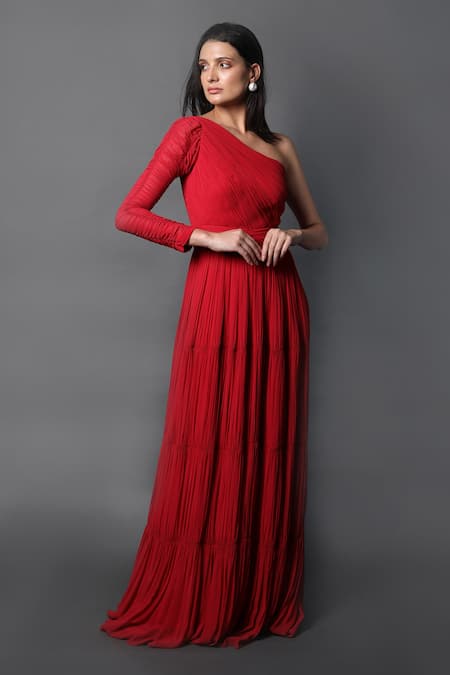 Buy_Swatee Singh_Red Georgette One Shoulder Ruched Gown _Online_at_Aza_Fashions