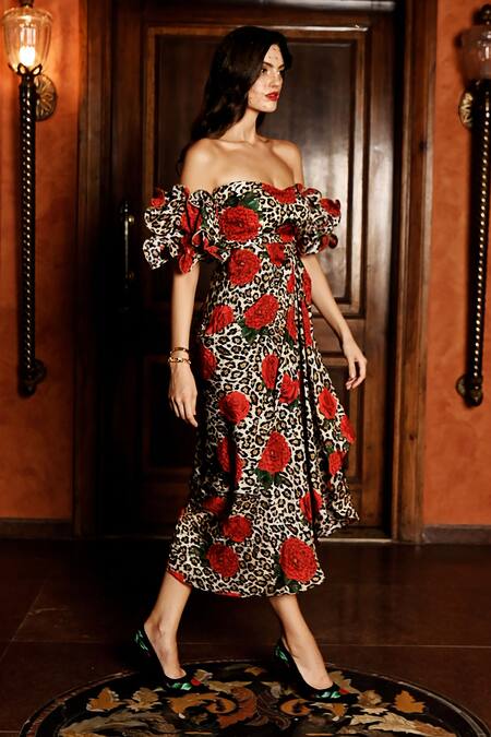Buy_Sanam_Multi Color Silk Off-shoulder Camille Draped Dress _Online_at_Aza_Fashions
