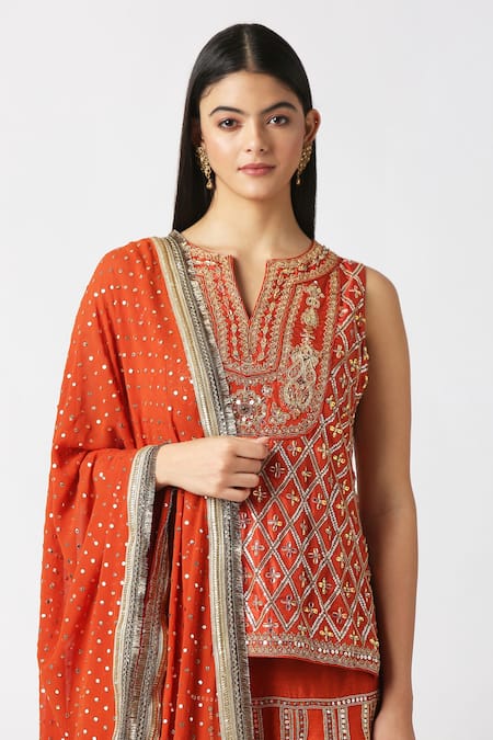 Buy_Labbada_Orange Kurta Pure Silk Hand Embroidered Marodi Notched Sharara Set_Online_at_Aza_Fashions