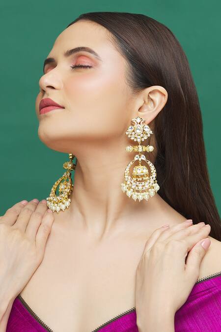 Buy_Moh-Maya By Disha Khatri_Gold Plated Fabric Flowers, Diamonds, Pearls Kundan Embellished Dangler Earrings _Online_at_Aza_Fashions