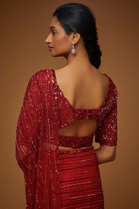 Buy_Neeta Lulla_Red Tulle Sequins Scoop Neck Femme Embellished Saree With Blouse _Online_at_Aza_Fashions