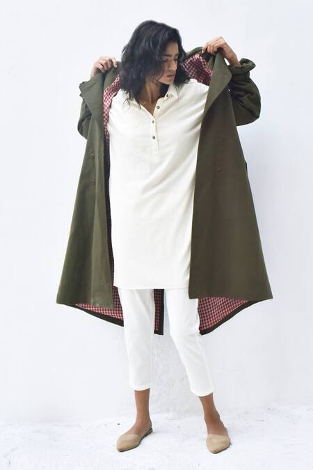Buy_Kharakapas_Green Twill Double Breasted Trench Coat _Online_at_Aza_Fashions