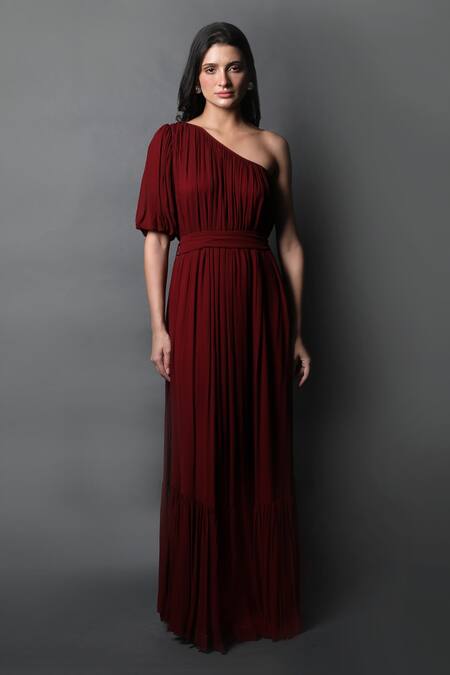Buy_Swatee Singh_Maroon Georgette One Shoulder Pleated Hem Gown _Online_at_Aza_Fashions