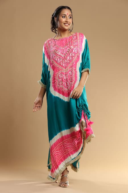 Buy_Etasha by Asha Jain_Green Gabardine Embroidery Round Neck Draped Bandhani Kaftan _Online_at_Aza_Fashions