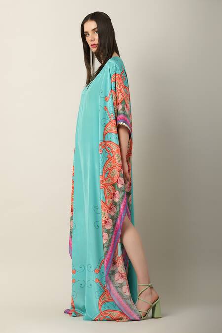 Buy_Limerick By Abirr N' Nanki_Multi Color Crepe Embroidery Plunge Neck Danya Paisley Print Kaftan _Online_at_Aza_Fashions