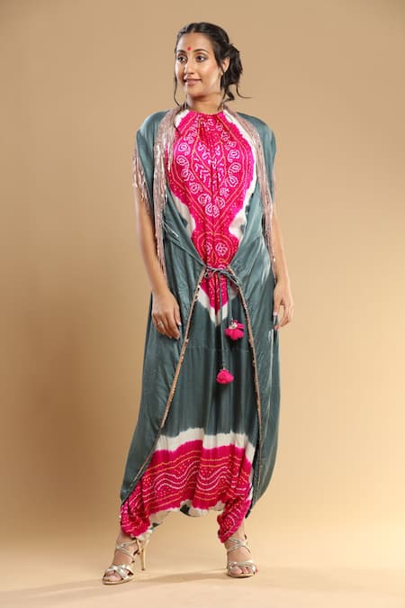 Buy_Etasha By Asha Jain_Fuchsia Silk Embroidery, Sequins Embellished Bandhani Pattern Jumpsuit _Online_at_Aza_Fashions