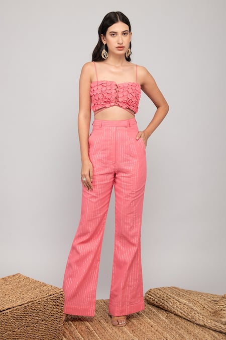 Kalakaari By Sagarika_Pink Cotton, Chiffon Embroidery, Lace Hand Crochet Top Pant Set_Online_at_Aza_Fashions