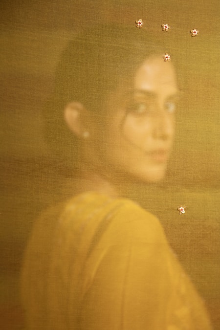 Buy_Deep Thee_Yellow Chanderi, Organza Tassels, Embroidery V-neck Haldi Hand Yoke Kurta Set _Online_at_Aza_Fashions