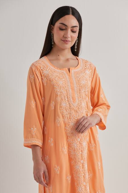 Buy Priya Chaudhary Peach Cotton Embroidery Split V-neck Chikankari Kurta Set Online at Aza Fashions Buy_Priya Chaudhary_Peach Cotton Embroidery Split V-neck Chikankari Kurta Set _Online_at_Aza_Fashions