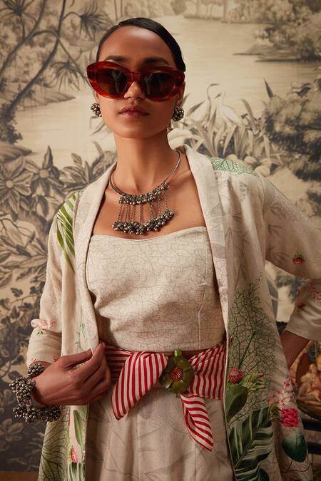 Buy Kalista Grey Cotton Embroidery Shawl Neck Botanical Print Blazer And Pant Set Online at Aza Fashions Buy_Kalista_Grey Cotton Embroidery Shawl Neck Botanical Print Blazer And Pant Set _Online_at_Aza_Fashions