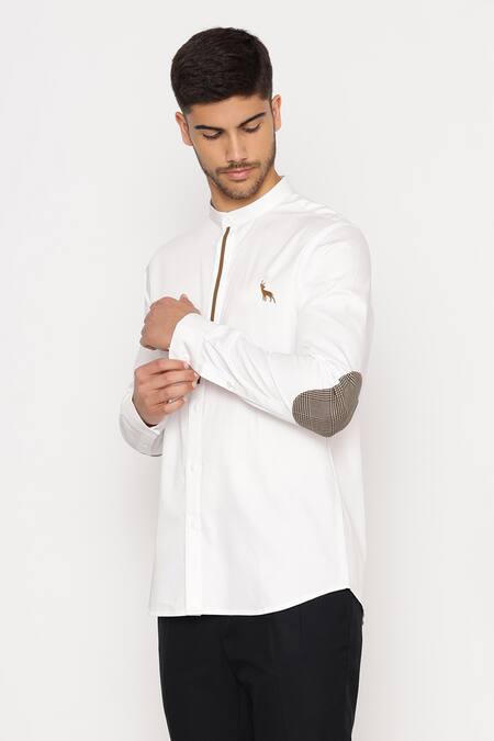 Buy Lacquer Embassy White Cotton Satin Embroidery Antler Motif Shirt Online at Aza Fashions Buy_Lacquer Embassy_White Cotton Satin Embroidery Antler Motif Shirt _Online_at_Aza_Fashions