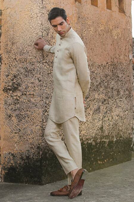 Raw & Rustic by Niti Bothra_Beige Linen Embroidery Textured Kurta _Online_at_Aza_Fashions