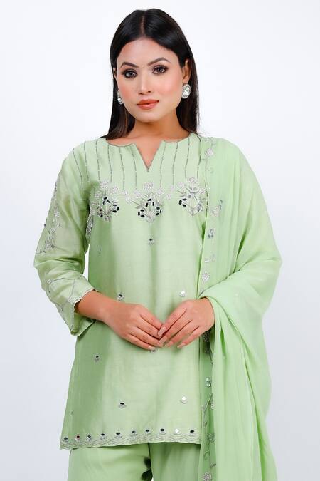 Buy_Geetika Jain_Green Chanderi, Georgette Mirrors, Sequins, Cut Work Embellished Yoke Kurta Set_Online_at_Aza_Fashions