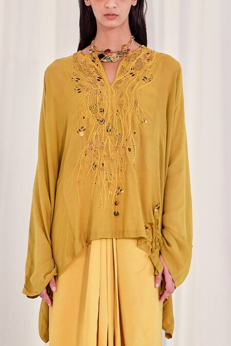 Buy AK-OK Yellow Silk Beads, Embroidery Split V-, Round Yoke Kurta Skirt Set Online at Aza Fashions Buy_AK-OK_Yellow Silk Beads, Embroidery Split V-, Round Yoke Kurta Skirt Set _Online_at_Aza_Fashions