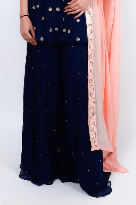 Buy_Geetika Jain_Blue Georgette Mirrors, Embroidery Round Neck Work Embellished Peplum Kurta Set _Online_at_Aza_Fashions