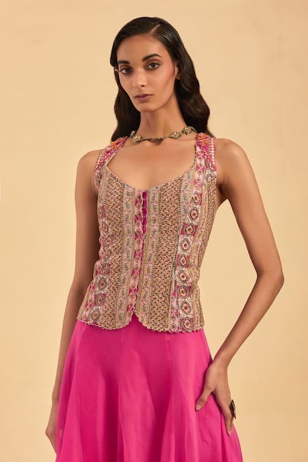 Buy_Aum By Asit And Ashima_Pink Silk Embroidery Floral V Neck Corset With Skirt _Online_at_Aza_Fashions