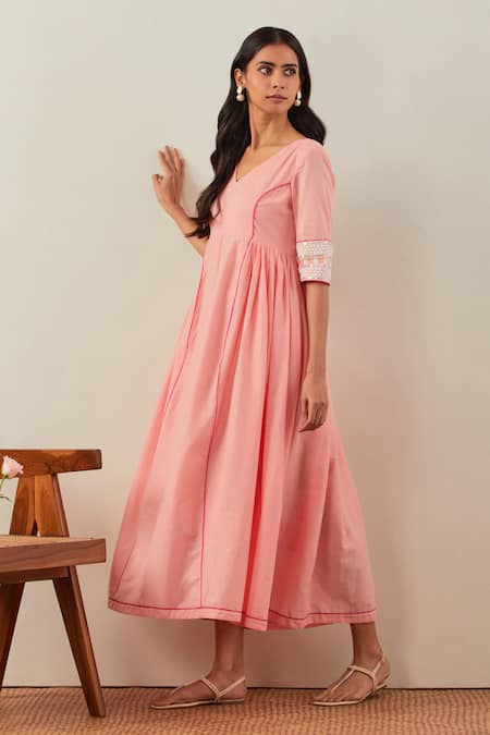 Buy_The Indian Cause_Peach Cotton Embroidery, Sequins V-neck Midi Dress_Online_at_Aza_Fashions