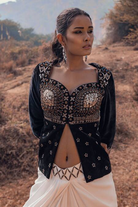 Buy_Kaprapan By Anaita Shah_Black Velvet Embroidery Thread Sweetheart Neck Jacket And Draped Skirt Set_Online_at_Aza_Fashions
