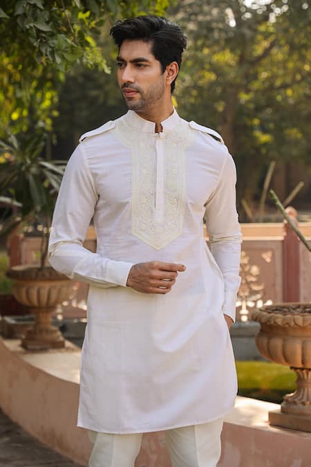Buy_Raw & Rustic By Niti Bothra_Cream Linen, Cotton Embroidery Lucknowi Kurta _Online_at_Aza_Fashions