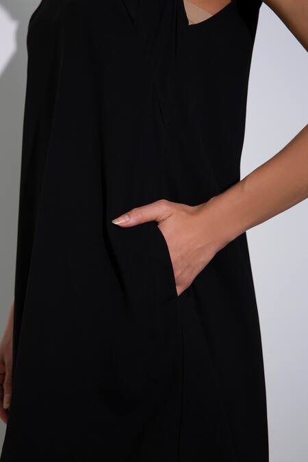 Buy_Pocketful Of Cherrie_Black Viscose Round Neck Contrast Peekaboo Effect Dress_Online_at_Aza_Fashions