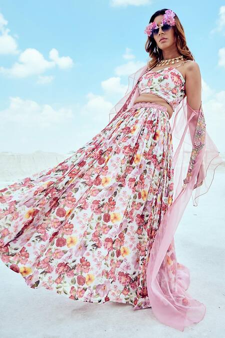 Buy_Nikita Vishakha_Pink Georgette, Silk Organza, Net Ruffle Cape And Printed Lehenga Skirt Set _Online_at_Aza_Fashions