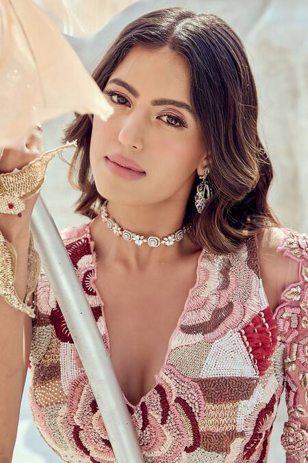 Shop Nikita Vishakha Pink Jacquard, Net Pearls, Embroidery, Fabric Flowers Hand Bridal Lehenga Set Online at Aza Fashions Shop_Nikita Vishakha_Pink Jacquard, Net Pearls, Embroidery, Fabric Flowers Hand Bridal Lehenga Set _Online_at_Aza_Fashions
