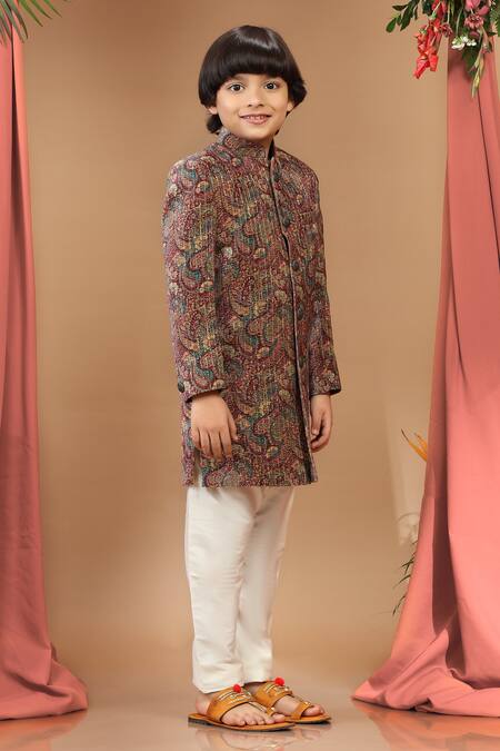 Buy_Kora By Nilesh Mitesh_Maroon Velvet, Cotton Sequins, Embroidery Mughal Print Sherwani Set_Online_at_Aza_Fashions