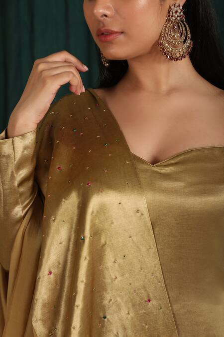 Buy_The Aarya_Gold Maheshwari, Silk Beads Sweetheart Neck Mashru Kurta And Gharara Set_Online_at_Aza_Fashions