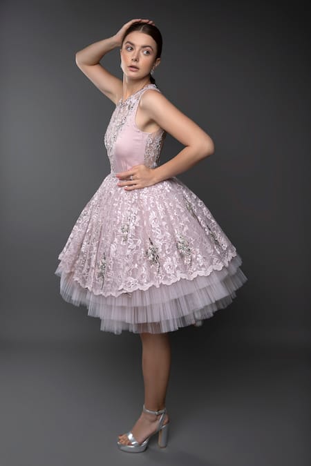 Buy_Anjum Qureshi_Pink Satin Hand Embroidered Sequin Round Flounce Dress _Online_at_Aza_Fashions