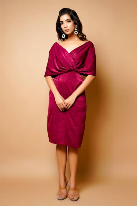 Buy_Ahi Clothing_Magenta Imported Velvet Plain Broad V Neck Wrap Dress _Online_at_Aza_Fashions