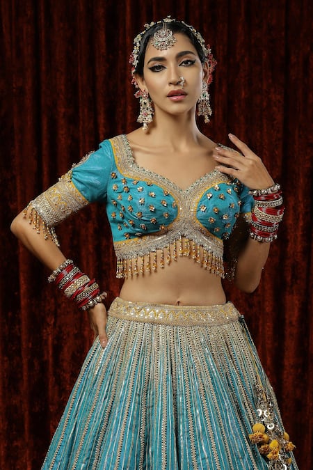 Shikhar Sharma_Blue Lehenga And Blouse Cotton Shimmer Chanderi Embroidered Gota Paan Bridal Set _Online_at_Aza_Fashions