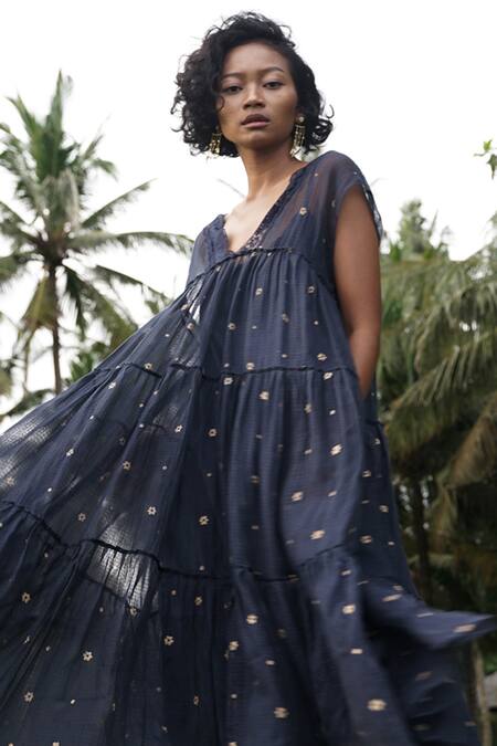 Buy_Baju_Blue 40% , 60% , Chanderi Wildflower Mallow Print Dress_Online_at_Aza_Fashions