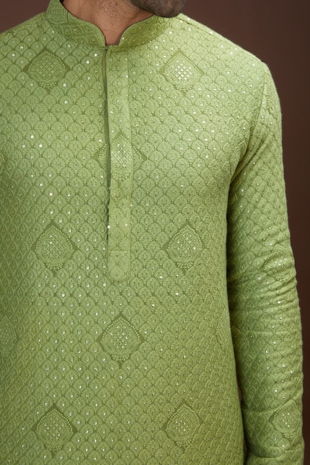 Buy_Kasbah_Green Georgette Sequins Chikankari Embroidered Kurta Set _Online_at_Aza_Fashions