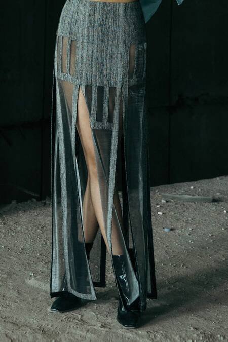 Buy Akhl Black Textured Yarns Hand-embroidered On Tulle Lurex Panelled Skirt Online at Aza Fashions Buy_Akhl_Black Textured Yarns Hand-embroidered On Tulle Lurex Panelled Skirt _Online_at_Aza_Fashions