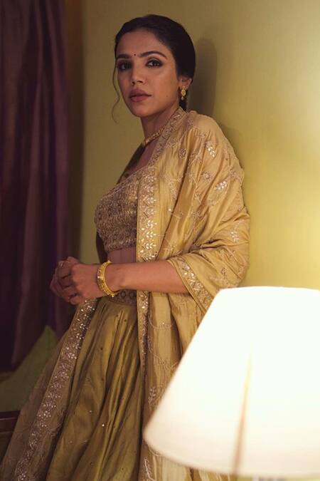 Buy_Punit Balana_Green Chanderi Silk Embroidery Marodi Scoop Neck Lehenga Set _Online_at_Aza_Fashions