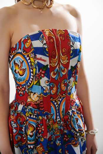 Buy_Cin Cin_Red Cotton Bandeau Neck Printed Motif Balloon Corset Short Dress _Online_at_Aza_Fashions