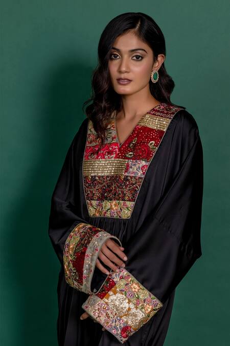 Buy_Varun Bahl_Black Modal, Satin Embroidery V-neck Hand Patchwork Kaftan _Online_at_Aza_Fashions