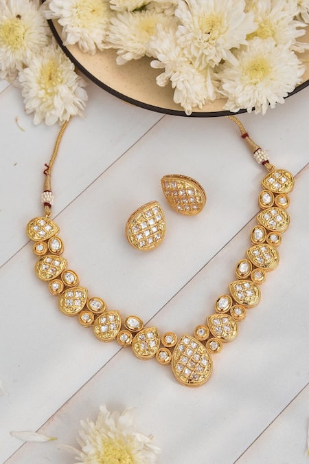 Buy_Swabhimann_Gold Plated Diamonds, Stones, Pearls Shaped Necklace Set _Online_at_Aza_Fashions