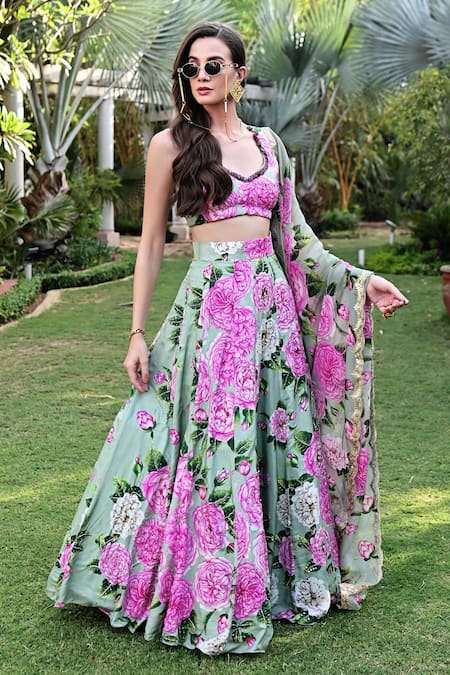 Buy_Sanam_Green Silk Sequins, Stones, Embroidery Giselle Bloom Flower Print Lehenga Set _Online_at_Aza_Fashions
